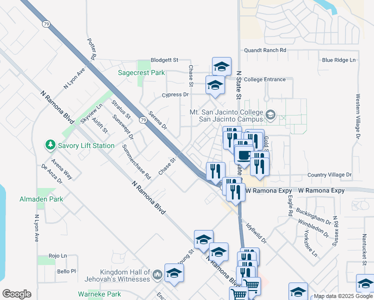 map of restaurants, bars, coffee shops, grocery stores, and more near 965 Acorn Drive in San Jacinto