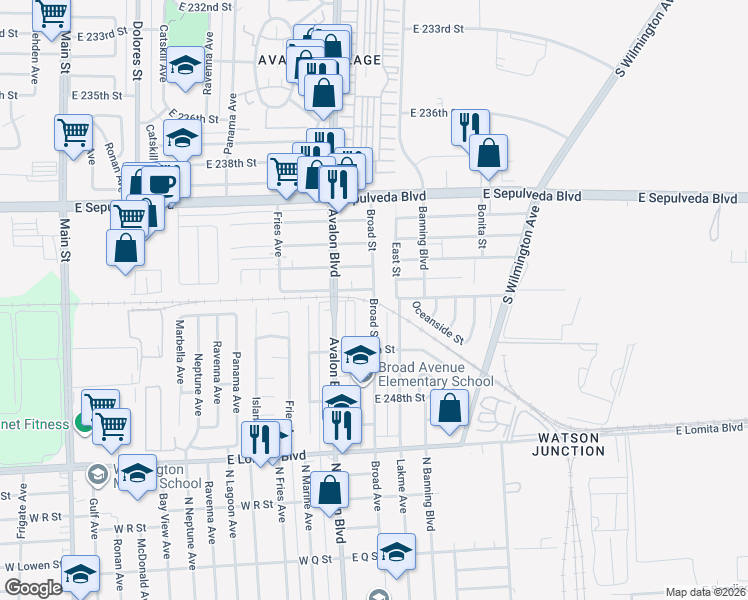 map of restaurants, bars, coffee shops, grocery stores, and more near Broad Street in Los Angeles County