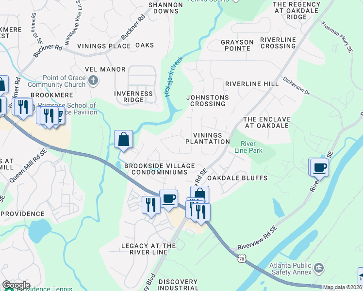 map of restaurants, bars, coffee shops, grocery stores, and more near 5984 Brookside Court Southeast in Mableton