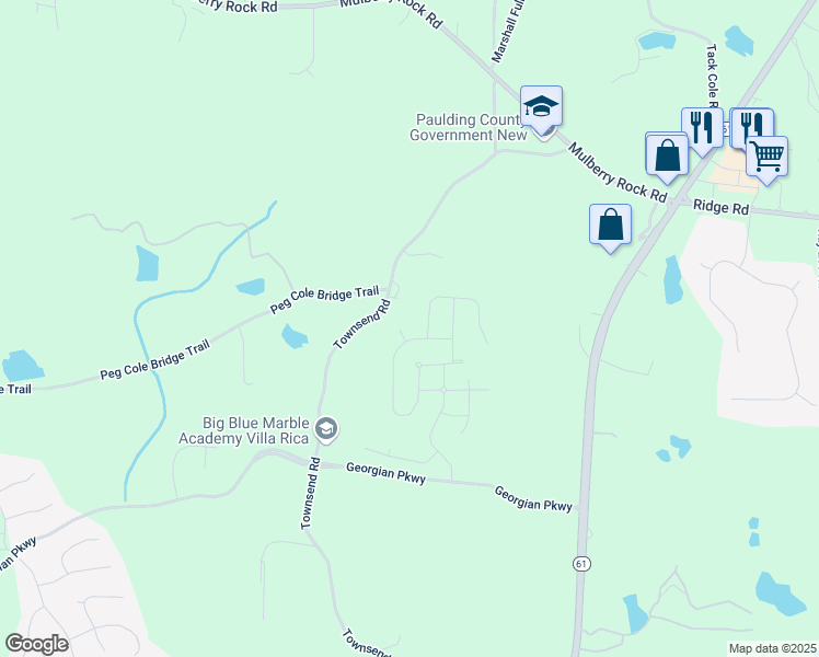 map of restaurants, bars, coffee shops, grocery stores, and more near 14 Borland Road in Villa Rica