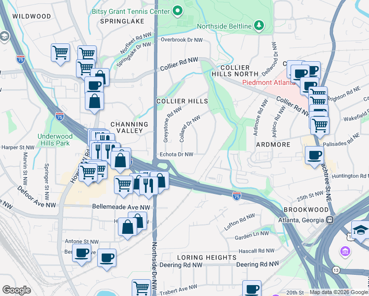 map of restaurants, bars, coffee shops, grocery stores, and more near 1817 Colland Drive Northwest in Atlanta