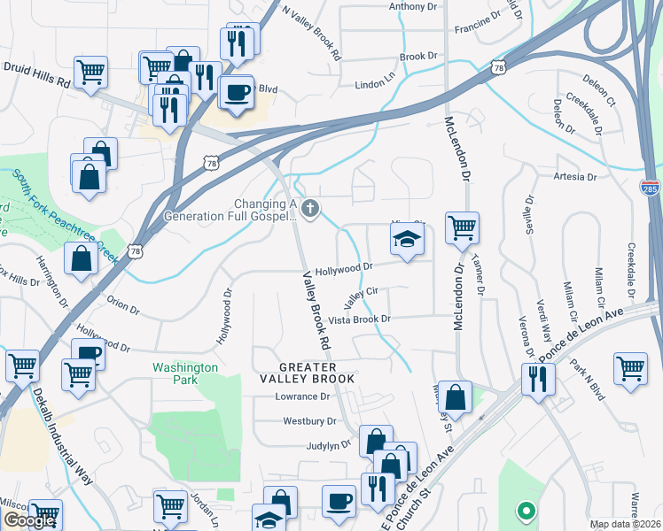 map of restaurants, bars, coffee shops, grocery stores, and more near 3068 Hollywood Drive in Decatur