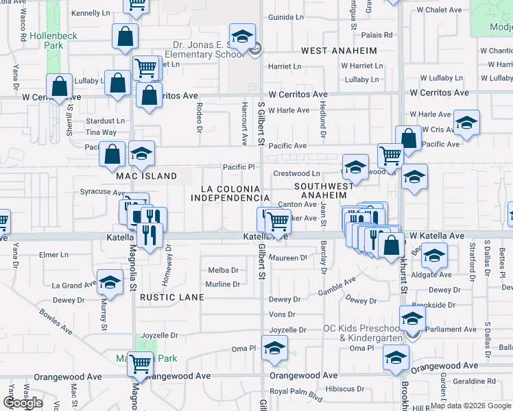 map of restaurants, bars, coffee shops, grocery stores, and more near 10931 Endry Street in Anaheim