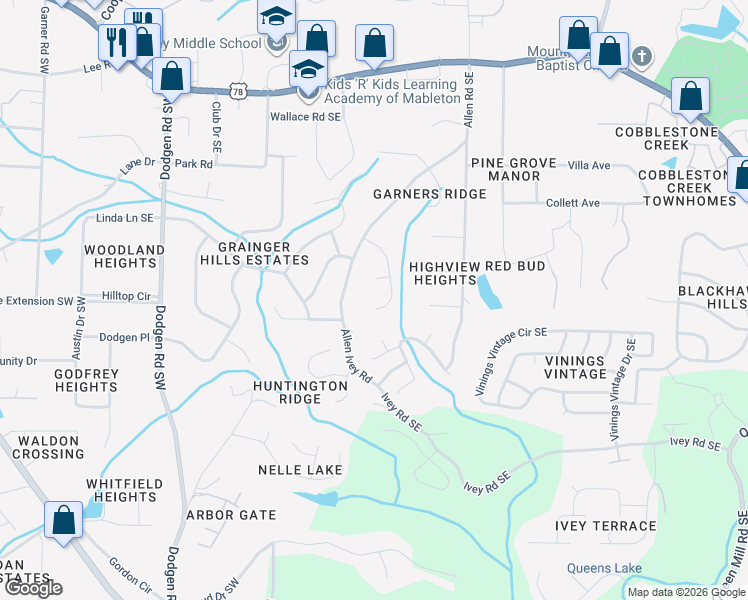 map of restaurants, bars, coffee shops, grocery stores, and more near 5928 Heavenwood Drive Southeast in Mableton