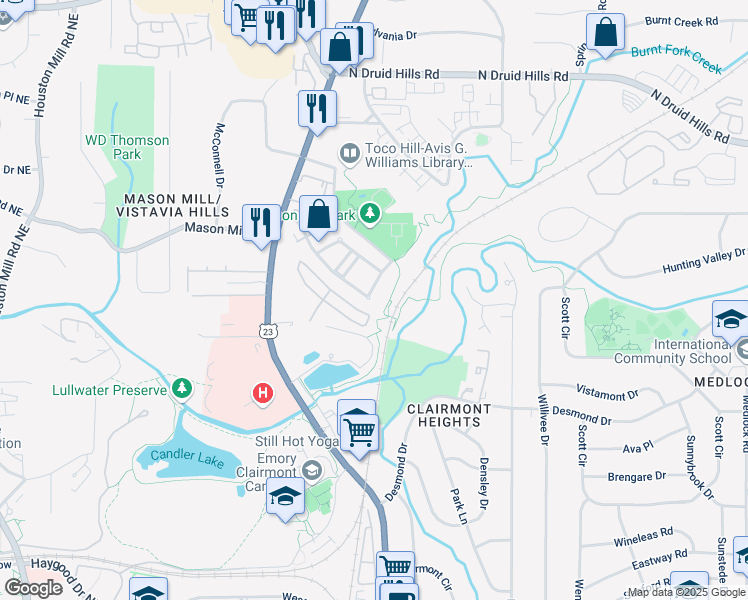 map of restaurants, bars, coffee shops, grocery stores, and more near 2043 Mason Mill Road in Decatur