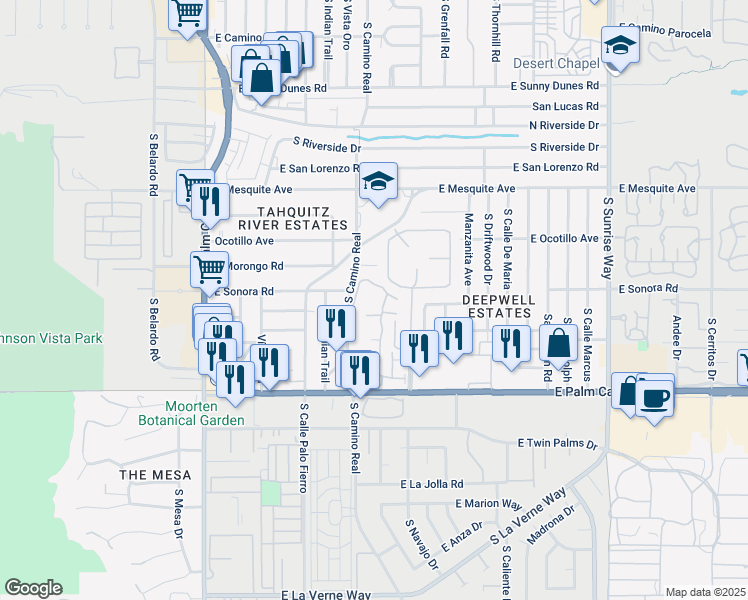 map of restaurants, bars, coffee shops, grocery stores, and more near 1312 South Camino Real in Palm Springs