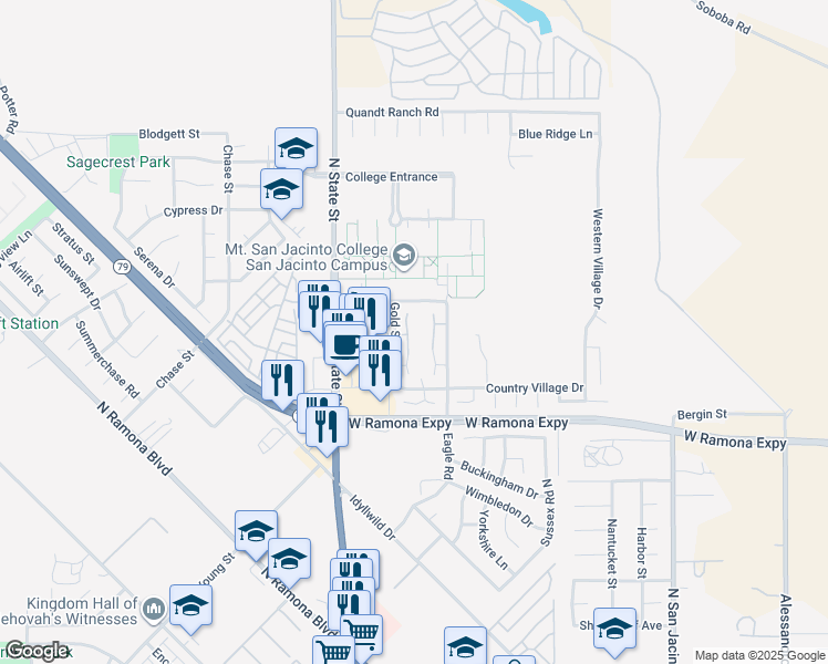 map of restaurants, bars, coffee shops, grocery stores, and more near 1337 Sierra Seneca Drive in San Jacinto