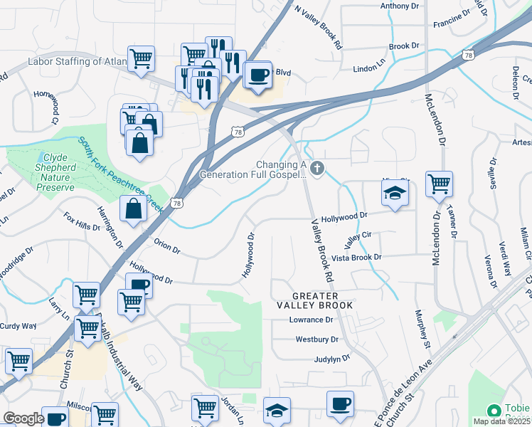 map of restaurants, bars, coffee shops, grocery stores, and more near 2974 Hollywood Drive in Decatur