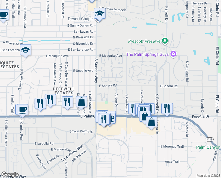 map of restaurants, bars, coffee shops, grocery stores, and more near 1769 Capri Circle in Palm Springs