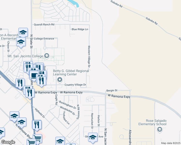 map of restaurants, bars, coffee shops, grocery stores, and more near 224 Yellowstone Court in San Jacinto