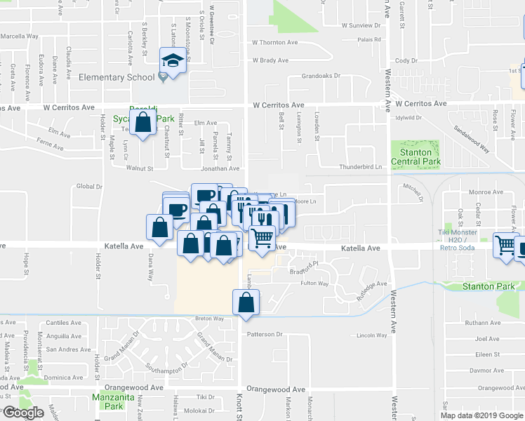 map of restaurants, bars, coffee shops, grocery stores, and more near 10850 Jasmine Lane in Stanton