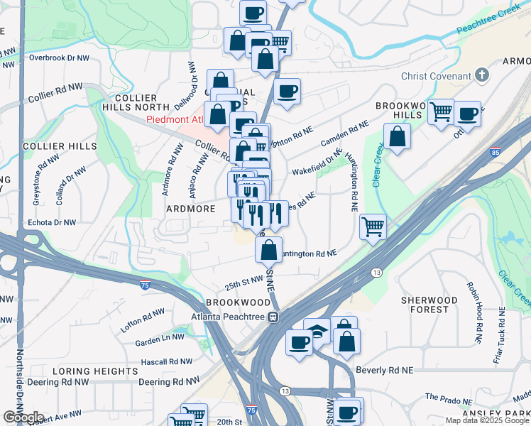 map of restaurants, bars, coffee shops, grocery stores, and more near 2893 Peachtree Street Northeast in Atlanta