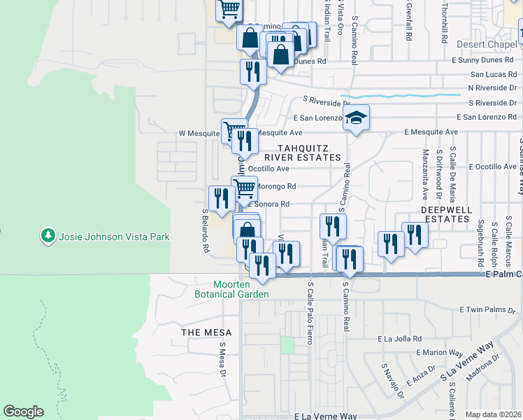 map of restaurants, bars, coffee shops, grocery stores, and more near 1500 Vía Soledad in Palm Springs