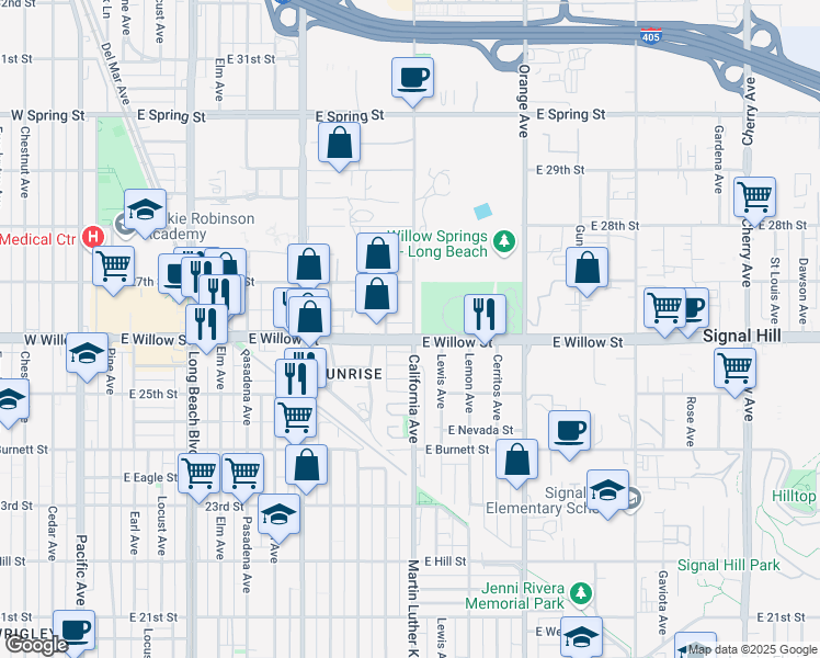 map of restaurants, bars, coffee shops, grocery stores, and more near 1000 East Willow Street in Signal Hill