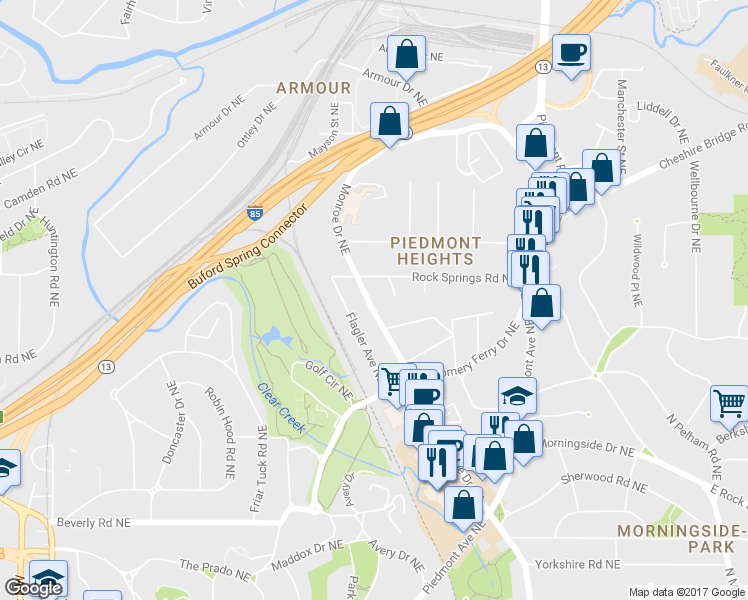 map of restaurants, bars, coffee shops, grocery stores, and more near 1829 Monroe Drive Northeast in Atlanta