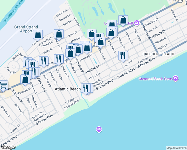 map of restaurants, bars, coffee shops, grocery stores, and more near 500 26th Avenue South in North Myrtle Beach