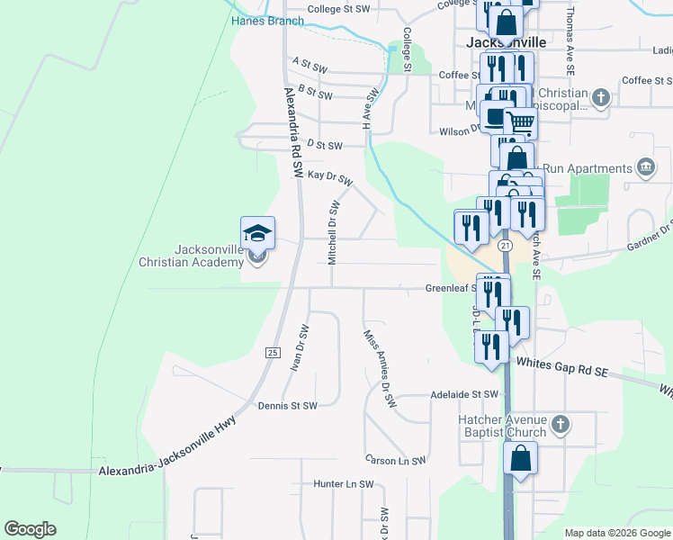 map of restaurants, bars, coffee shops, grocery stores, and more near 355 Greenleaf Street Southwest in Jacksonville