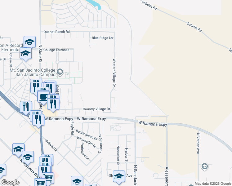 map of restaurants, bars, coffee shops, grocery stores, and more near 224 Yellowstone Court in San Jacinto