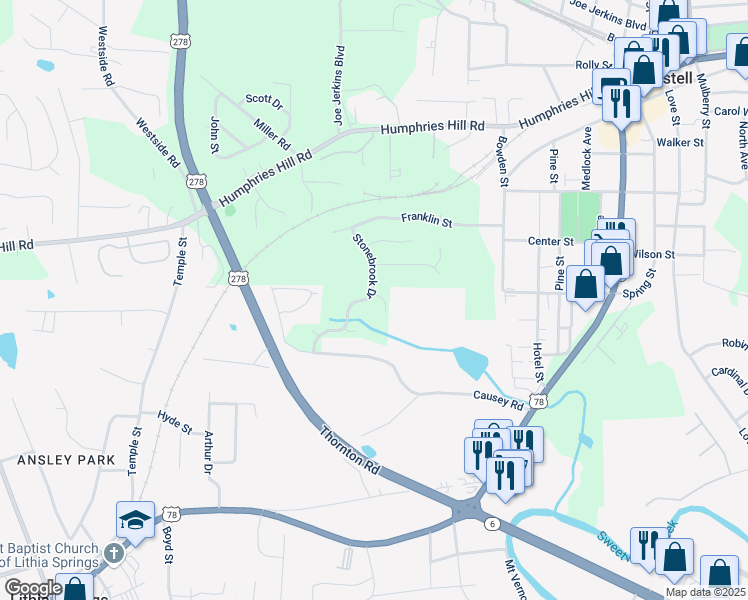 map of restaurants, bars, coffee shops, grocery stores, and more near 3005 Stonebrook Cove in Austell