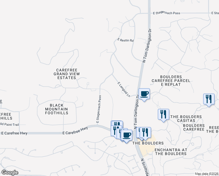map of restaurants, bars, coffee shops, grocery stores, and more near 35025 Whileaway Road in Cave Creek