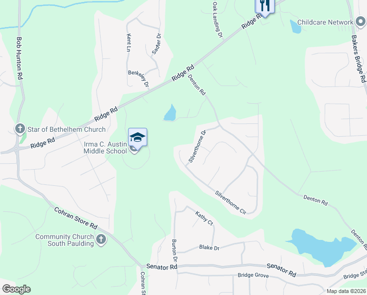 map of restaurants, bars, coffee shops, grocery stores, and more near 735 Silverthorne Circle in Douglasville
