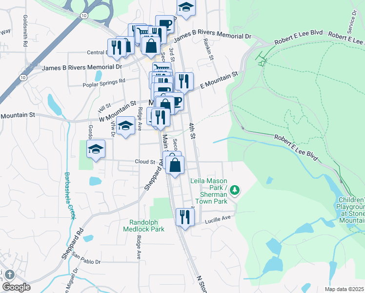 map of restaurants, bars, coffee shops, grocery stores, and more near 912 3rd Street in Stone Mountain