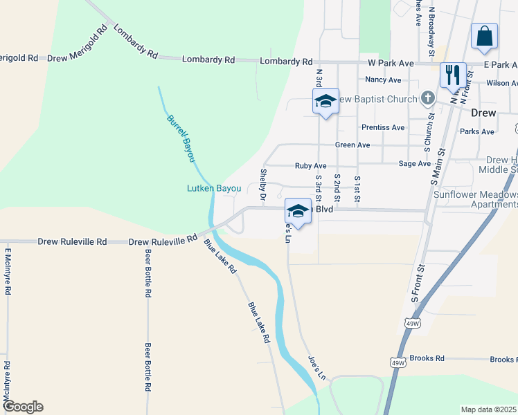 map of restaurants, bars, coffee shops, grocery stores, and more near 400 South Boulevard in Drew