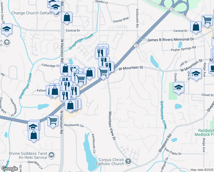 map of restaurants, bars, coffee shops, grocery stores, and more near 882 Mountain View Drive in Stone Mountain