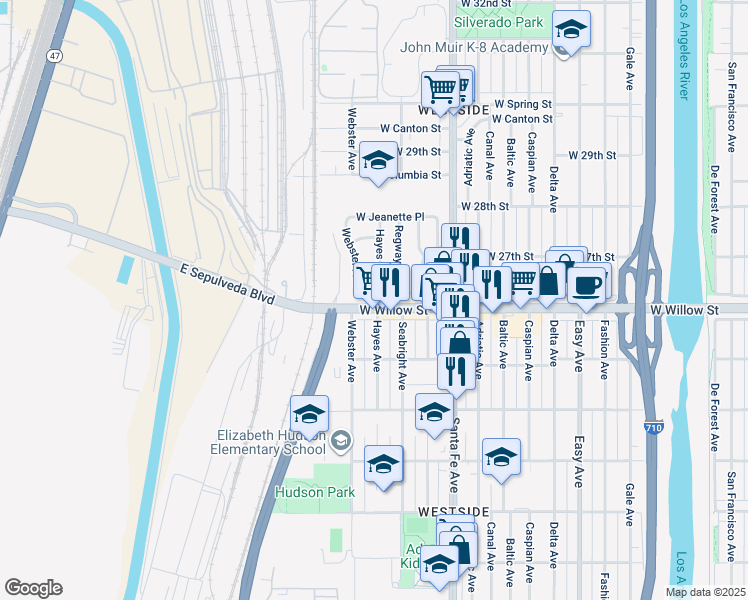 map of restaurants, bars, coffee shops, grocery stores, and more near 2004 West Wilma Place in Long Beach
