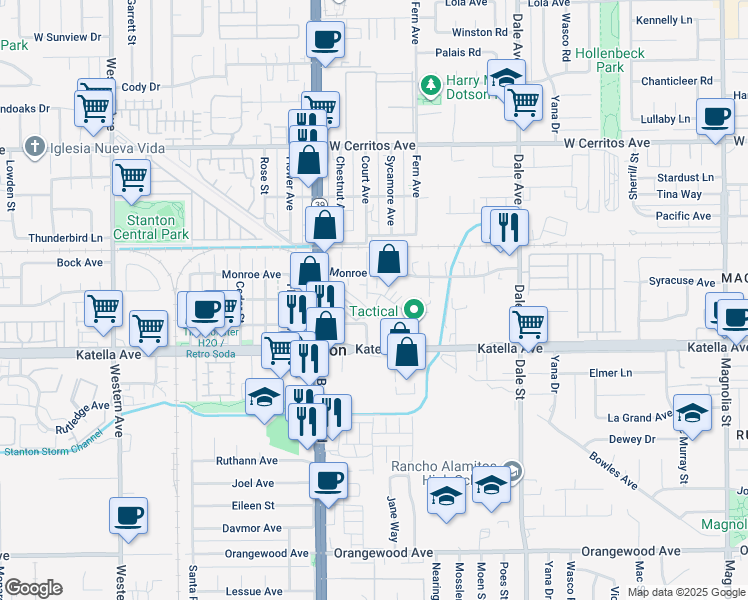 map of restaurants, bars, coffee shops, grocery stores, and more near 8060 Chester Avenue in Stanton