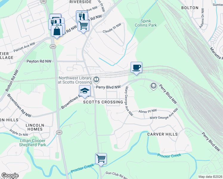map of restaurants, bars, coffee shops, grocery stores, and more near 2435 Main Street Northwest in Atlanta