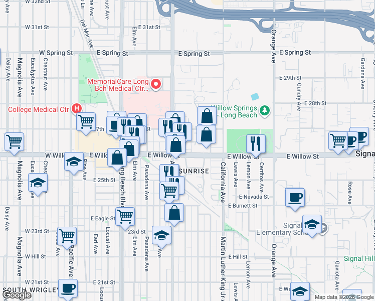 map of restaurants, bars, coffee shops, grocery stores, and more near 2588 Lime Avenue in Long Beach