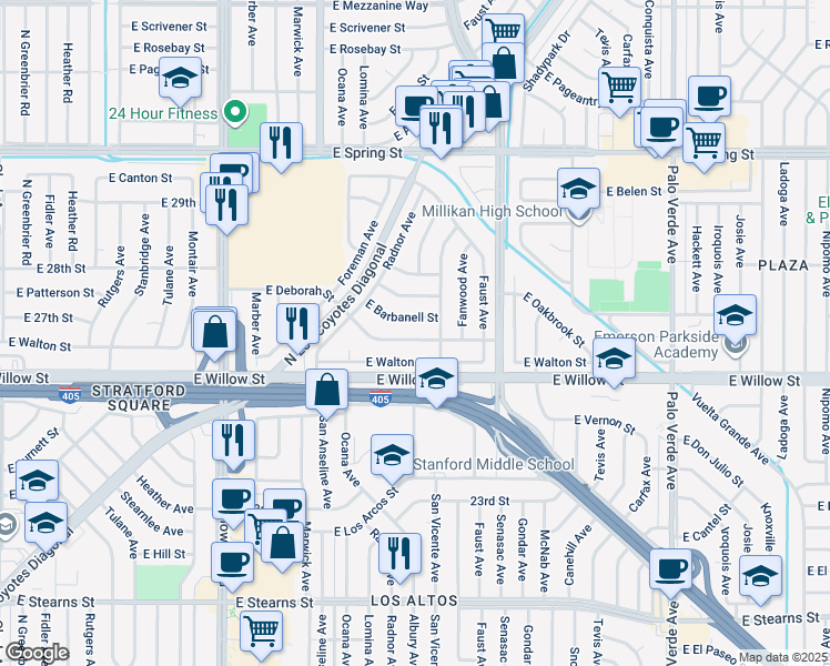 map of restaurants, bars, coffee shops, grocery stores, and more near 5845 East Deborah Street in Long Beach