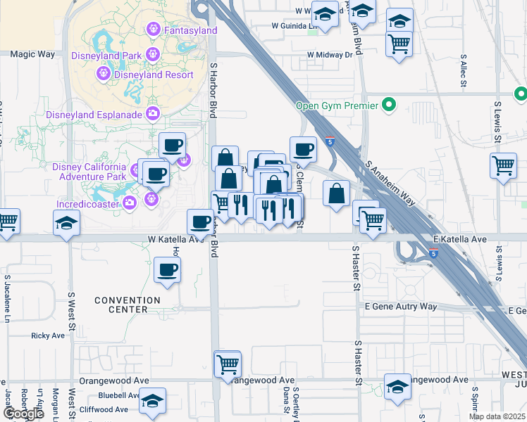 map of restaurants, bars, coffee shops, grocery stores, and more near 401 W Katella Ave in Anaheim