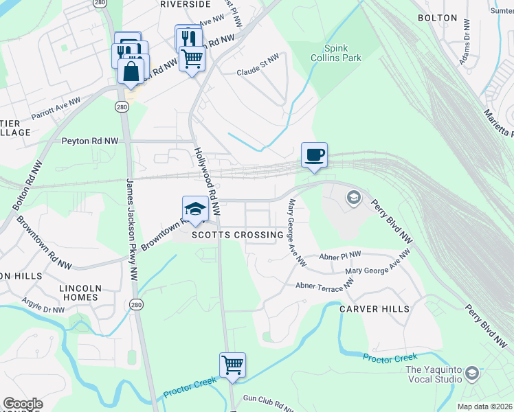 map of restaurants, bars, coffee shops, grocery stores, and more near 2430 Perry Boulevard Northwest in Atlanta