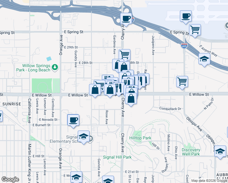 map of restaurants, bars, coffee shops, grocery stores, and more near in Signal Hill