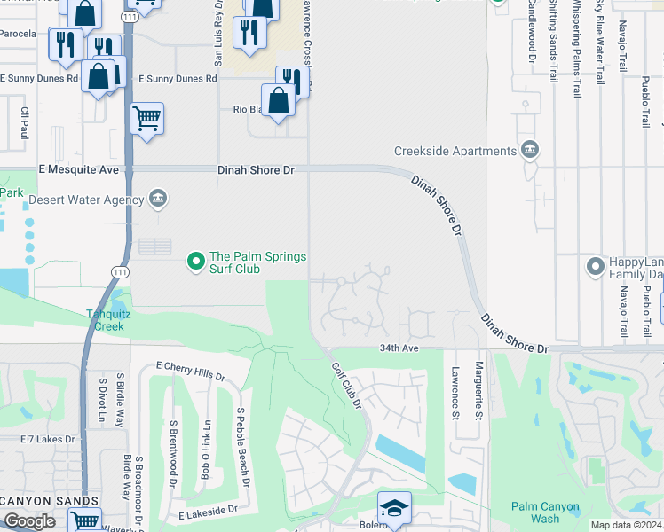 map of restaurants, bars, coffee shops, grocery stores, and more near 5966 Fairway Circle in Palm Springs
