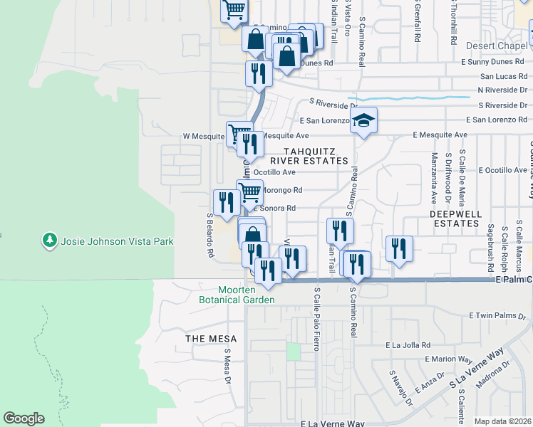 map of restaurants, bars, coffee shops, grocery stores, and more near 1500 Vía Soledad in Palm Springs