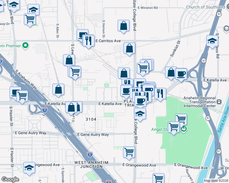 map of restaurants, bars, coffee shops, grocery stores, and more near 1515 East Katella Avenue in Anaheim