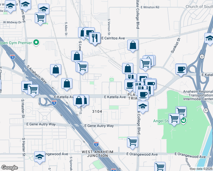 map of restaurants, bars, coffee shops, grocery stores, and more near in Anaheim