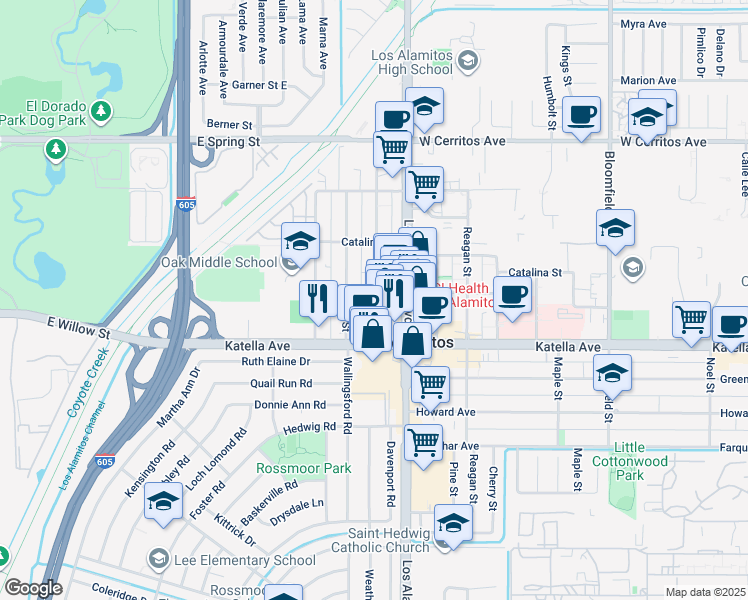 map of restaurants, bars, coffee shops, grocery stores, and more near 10912 Walnut Street in Los Alamitos
