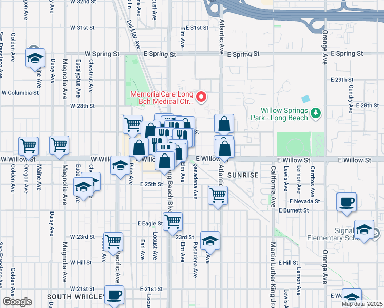map of restaurants, bars, coffee shops, grocery stores, and more near 400 East Willow Street in Long Beach