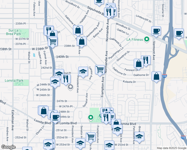 map of restaurants, bars, coffee shops, grocery stores, and more near 24263 Senator Avenue in Los Angeles