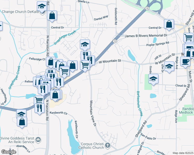 map of restaurants, bars, coffee shops, grocery stores, and more near 4967 Mountain Springs Way in Stone Mountain