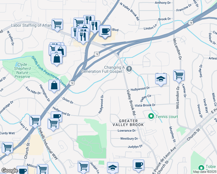 map of restaurants, bars, coffee shops, grocery stores, and more near 2974 Hollywood Drive in Decatur