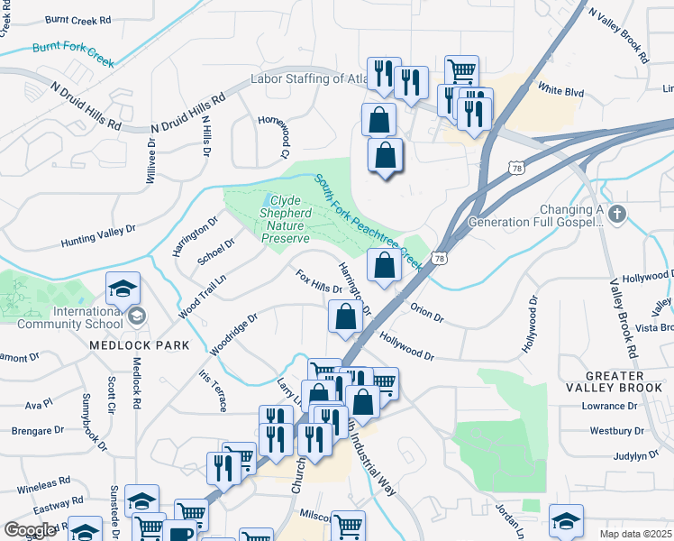 map of restaurants, bars, coffee shops, grocery stores, and more near 2685 Harrington Drive in Decatur