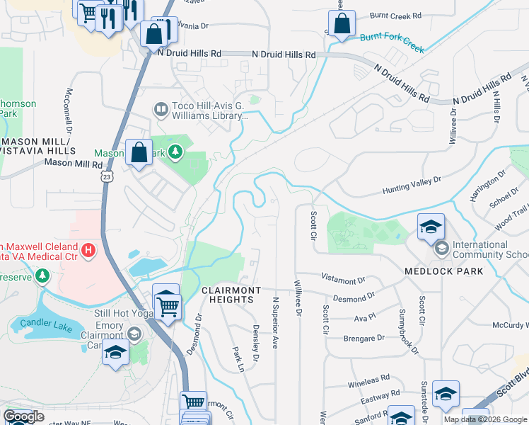 map of restaurants, bars, coffee shops, grocery stores, and more near 895 Heritage Place in Decatur