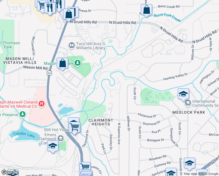 map of restaurants, bars, coffee shops, grocery stores, and more near 2128 Heritage Heights in Decatur
