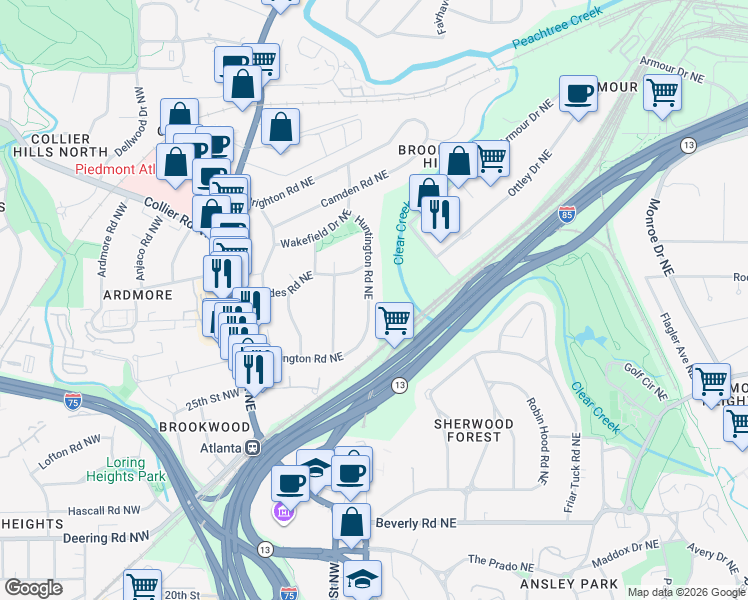 map of restaurants, bars, coffee shops, grocery stores, and more near 171 Huntington Road Northeast in Atlanta