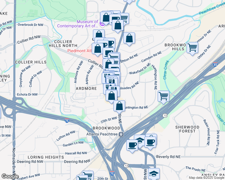map of restaurants, bars, coffee shops, grocery stores, and more near 119 Ardmore Place Northwest in Atlanta